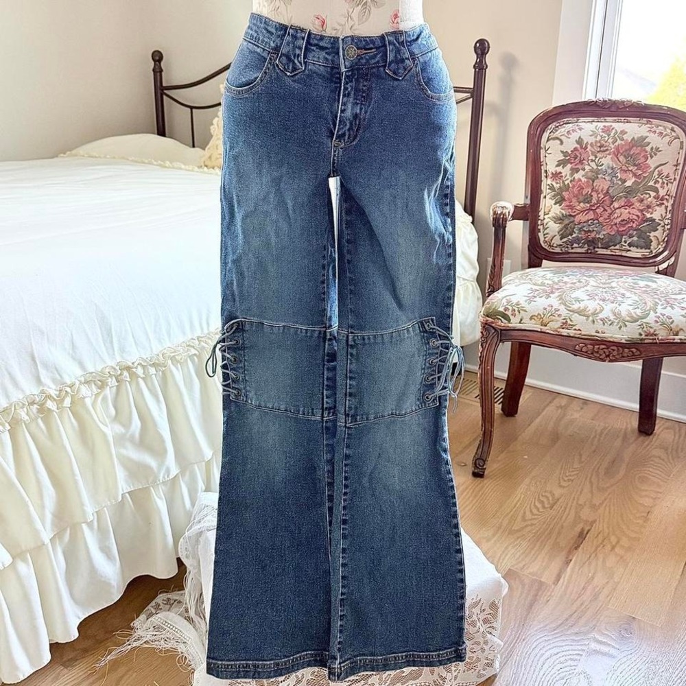 Low rise lace up jeans  28" waist lace up‎ denim medium wash denim